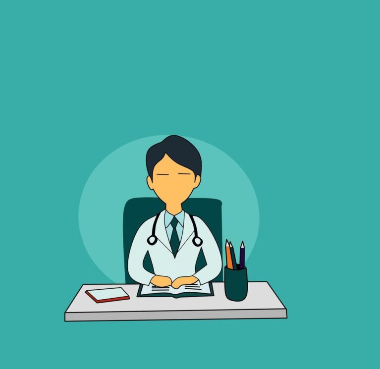 a-doctor-is-sitting-at-his-desk-with-a-pen-and-paper-vector