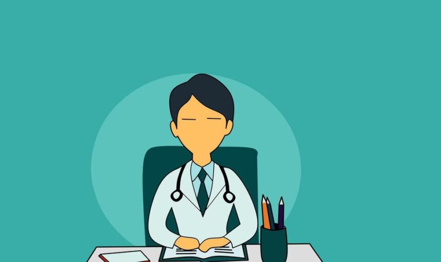 a-doctor-is-sitting-at-his-desk-with-a-pen-and-paper-vector